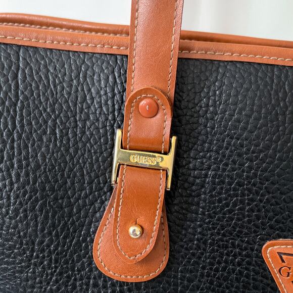 GUESS Black Cognac Leather Satchel Laptop Bag 90s Vintage Oldmoney Corporate - Picture 7 of 9